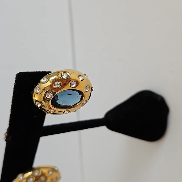 GOLDTONE Blue & Clear Rhinestones Pierced Earrings - Picture 4 of 6